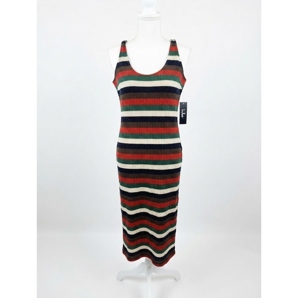 Lulus Womens Ribbed Knit Striped Midi Dress Multi Color Sleeveless Scoop Neck S